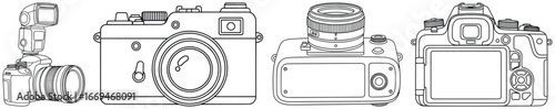 Camera illustration featuring four outlined vector designs of photography equipment drawn in clean line art style for creative projects and design use