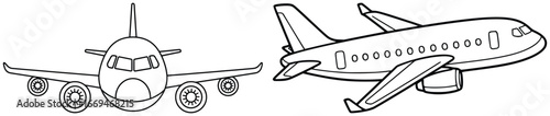 Airplane illustration with two cartoon passenger jets in vector style viewed from the front showing cockpit windows and engines created as outlined line art