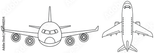 Airplane illustration with two cartoon passenger jets in vector style drawn at an angled view with wings extended and engines visible created as clean line art
