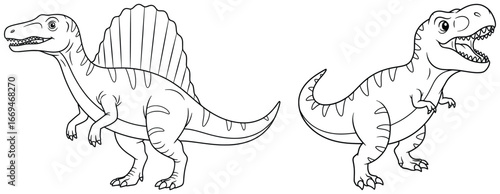 Dinosaur vector illustration of spinosaurus and tyrannosaurus rex in cartoon style, designed as prehistoric reptiles for coloring pages and kids projects