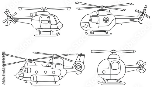 Helicopter illustration with four cartoon aircraft in vector style including rescue, military, transport and small chopper created as outlined line art