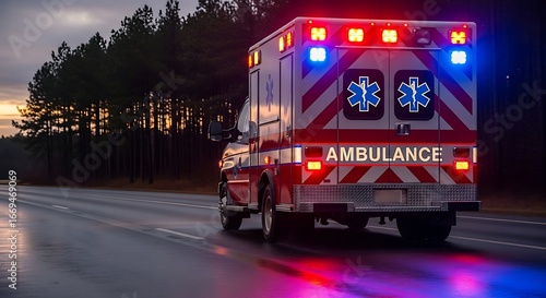 Emergency Ambulance Responding with Lights Flashing on Road at Dusk Healthcare Response and Medical Assistance