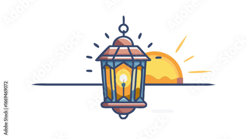 Elegant glowing lantern with sunset, perfect for Ramadan greetings, Eid celebrations, or Middle Eastern themes, radiates peace, spirituality, and vibrant cultural heritage