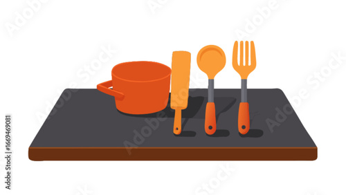 Vibrant orange cookware set ready for a delicious meal, featuring a pot, spatula, ladle, and fork on a modern countertop, perfect for culinary blogs and cooking illustrations