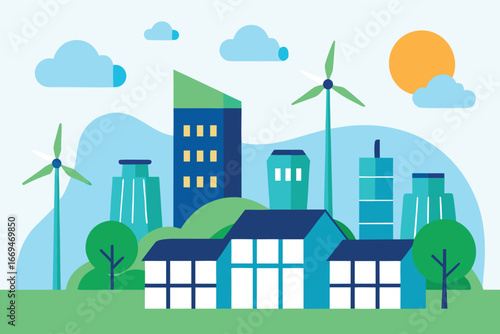 Sustainable Cityscape Illustration with Wind Turbines and Modern Architecture
