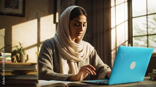 Young Muslim Woman in a Hijab Studying on a Blue Laptop at Cozy Home
