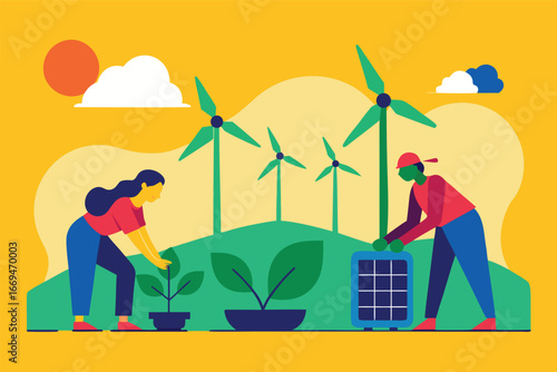 Sustainable Living Illustration with Wind Turbines Solar Panel and Planting