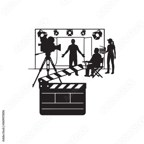 film production full set studio with director background silhouette vector icon