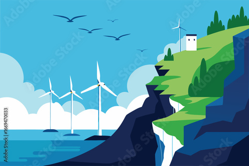 Wind Turbines on Coastline with Cliffs and Birds Illustration