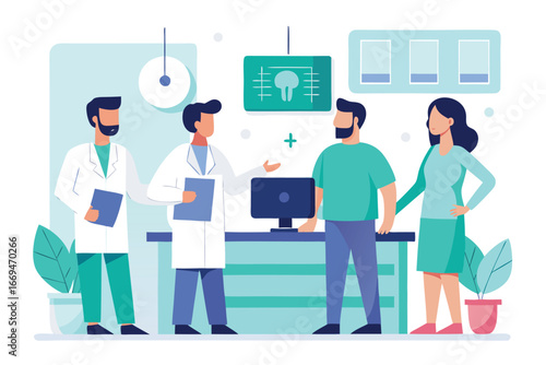 Dentists Discussing Treatment Plan with Couple at Clinic Reception Desk