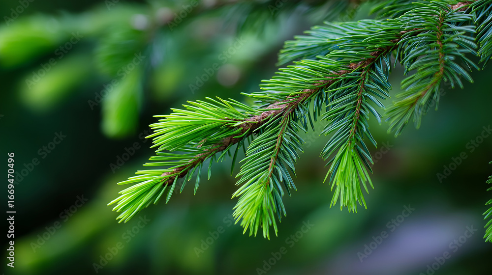Fototapeta premium Close-up of fresh green spruce branches with young needle growth in a lush forest environment. 