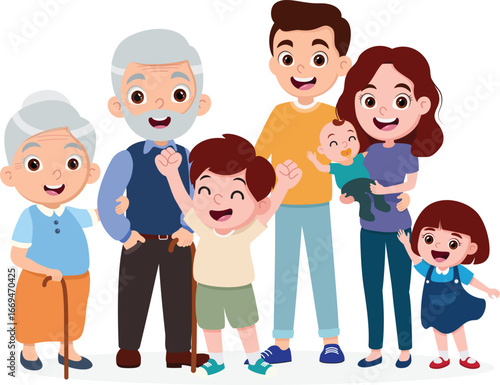Cartoon Happy family. Father, mother, grandmother, grandfather and children 