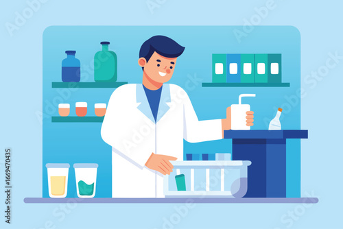 Scientist in Lab Coat Conducting Experiment with Chemical Solutions Illustration