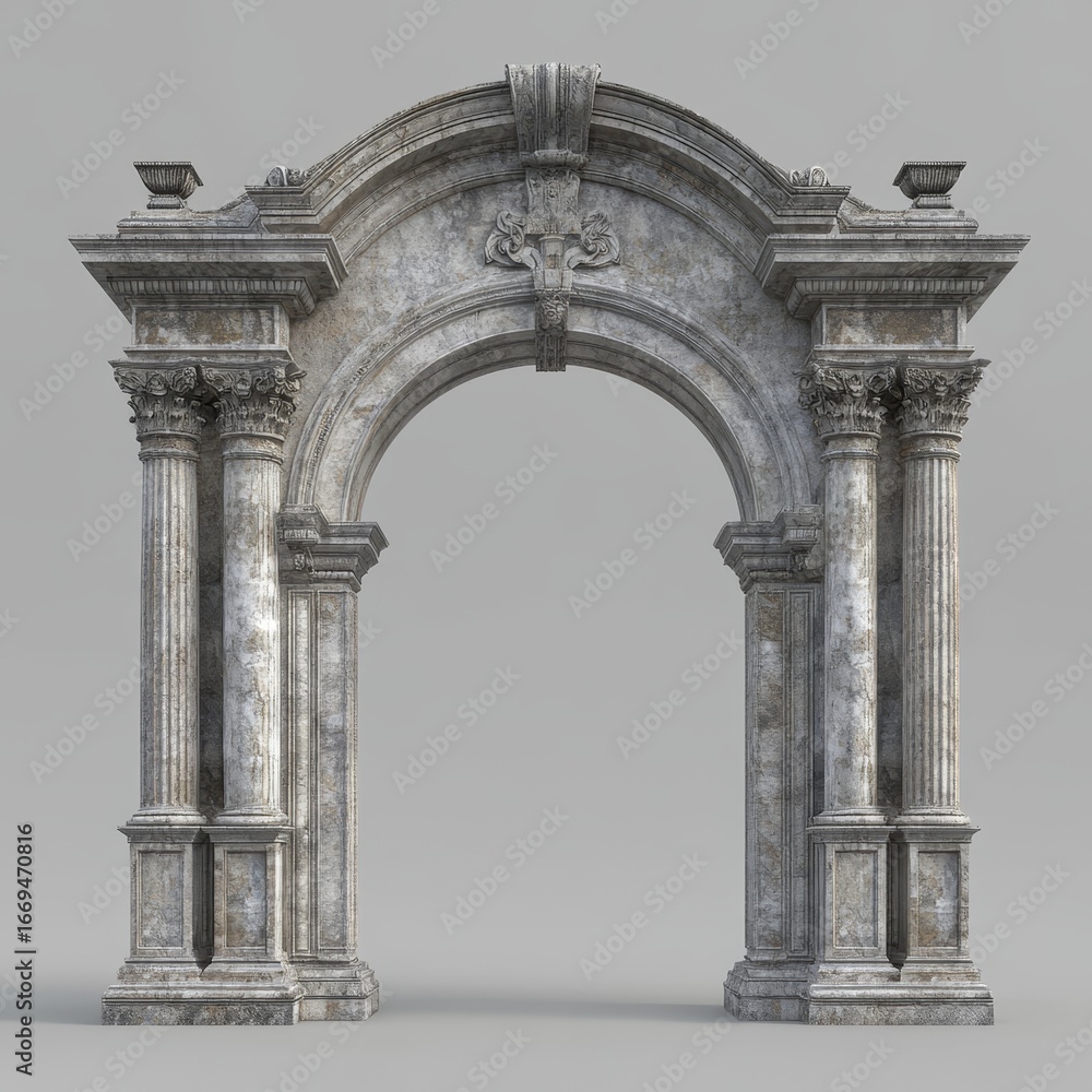 Fototapeta premium An old arch made of marble. It looks like Roman style. A fancy, old gate with stone pillars. A realistic picture of a castle or palace entrance. 