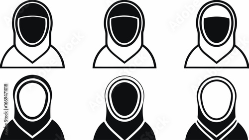 Illustration of six stylized figures wearing hijabs in black and white color variations and outlines