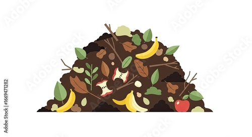 Minimalist flat design illustration of a compost pile with food scraps and leaves, soft colors, isolated on white