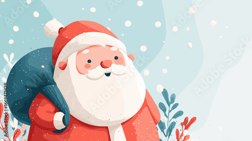 Santa Claus holding a sack and smiling in winter snow scene  