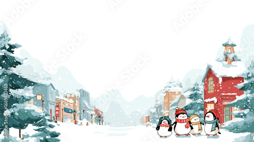 Festive penguins standing in winter village covered with snow  
