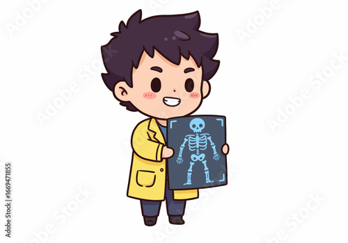 A cartoon doctor in a yellow coat holds an xray image of a skeleton