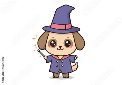 A cartoon dog dressed as a wizard holds a wand amidst sparkling effects