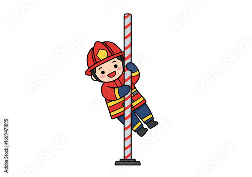 A cartoon firefighter is sliding down a striped pole wearing his uniform and helmet