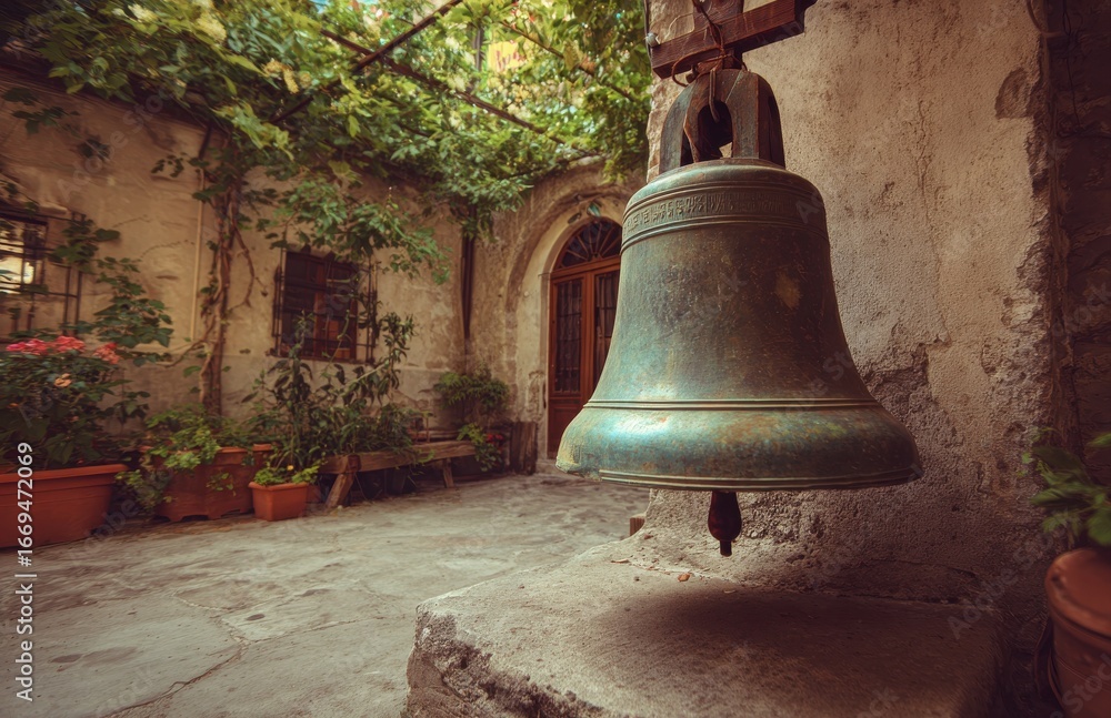 Obraz premium Large metal bell hanging in tranquil monastery courtyard