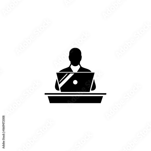 Silhouette of Person Working on Laptop at Desk – Minimal Outline Remote Work, Home Office, Productivity and Technology Vector Illustration