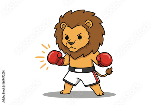 A cartoon lion boxer in a fighting stance with red gloves and white shorts exuding an aura of strength