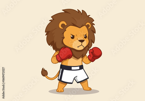 A cartoon lion wearing red boxing gloves and white boxing shorts stands ready in a fighting stance