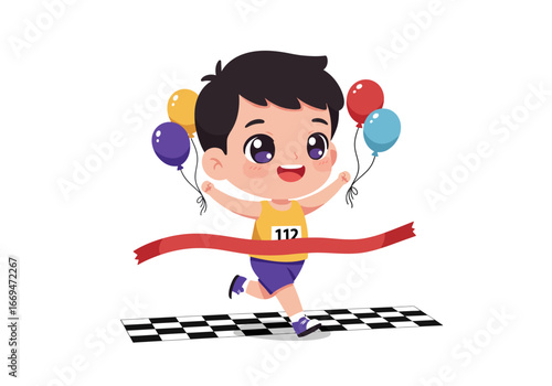 A happy child crosses a finish line balloons aloft in a cartoon drawing