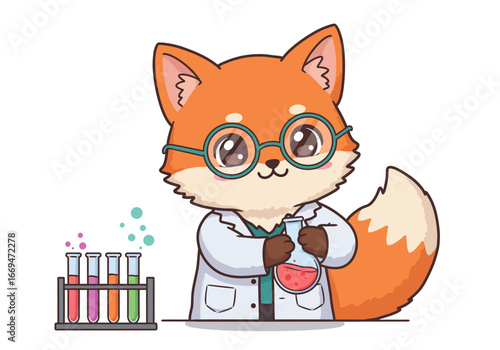 A fox cartoon scientist holds a flask with bubbling test tubes nearby