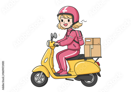A woman on a yellow scooter delivers boxes wearing pink helmet and tracksuit