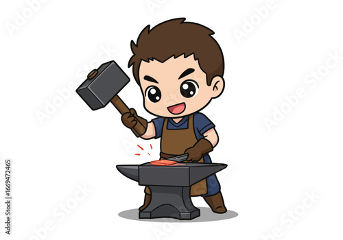 Animated blacksmith forges hot metal on an anvil with hammer
