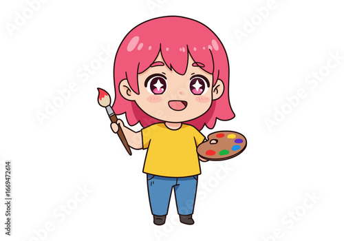 Cartoon artist pink hair yellow shirt jeans holding brush and palette