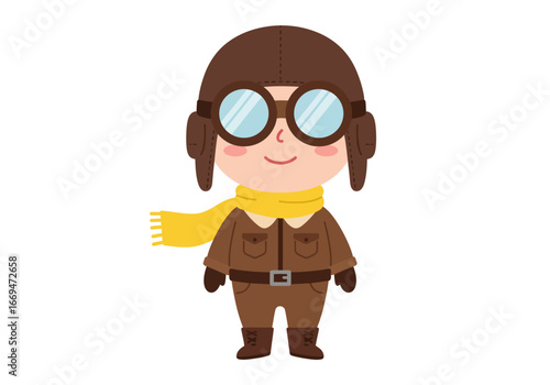 Cartoon aviator brown hat goggles jacket boots yellow scarf smiling pink cheeks