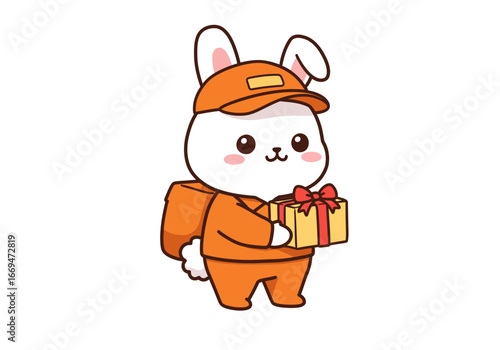 Cartoon bunny delivery driver wearing hat uniform delivering gift box with red bow