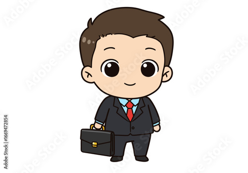 Cartoon businessman suitclad holds a briefcase big eyes neutral expression