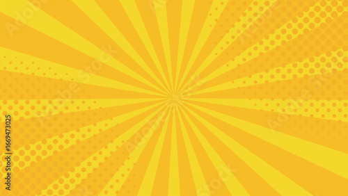 Bright yellow pop art comic background with sunburst rays and halftone dots, retro style vector design for banner, poster, wallpaper, template, vintage cartoon, dynamic energy and abstract pattern.