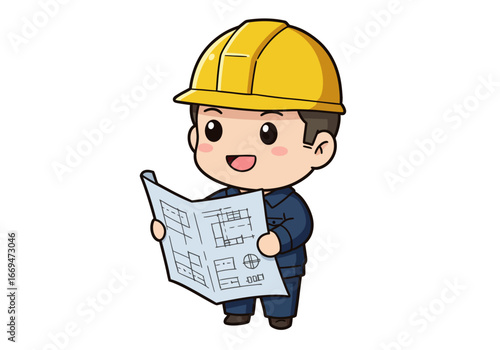 Cartoon engineer with yellow hardhat studies a blueprint