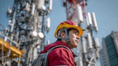 Engineer Inspecting the Communication Infrastructure: A determined engineer, equipped with a helmet, meticulously inspects the complex telecommunications infrastructure.