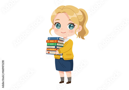 Cartoon girl in yellow sweater carrying a stack of colorful books