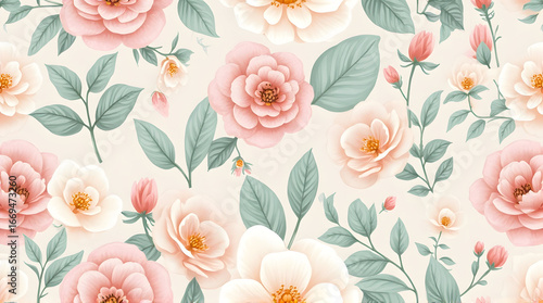 Floral Pattern with Pink and Cream Flowers and Green Leaves on Light Background