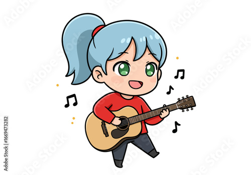 Cartoon girl with light blue hair joyfully plays guitar musical notes surround her