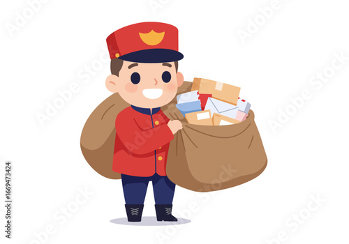 Cartoon mailman with a red cap holding a large bag full of letters and packages