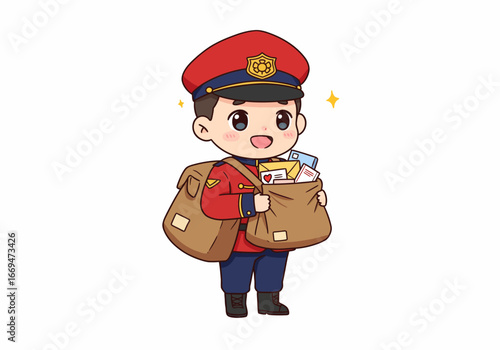 Cartoon mailman with two bags of mail wearing a red uniform and hat