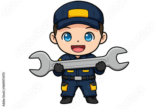 Cartoon mechanic holds wrench Cap uniform blue eyes smile and gloves add to the characters cheerful hardworking demeanor