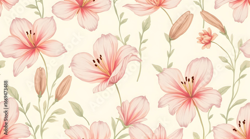 Wallpaper Mural Floral Pattern with Pink Flowers and Green Leaves on Cream Background Torontodigital.ca