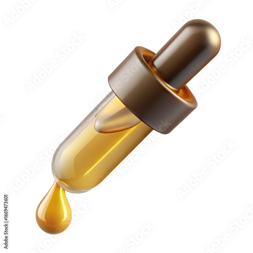 Dropper with Golden Liquid for Skincare and Beauty Products on Transparent Backdrop