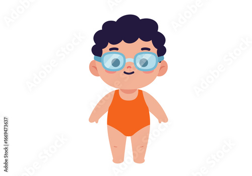Cartoon of a child wearing a swimsuit and glasses standing with a simple expression