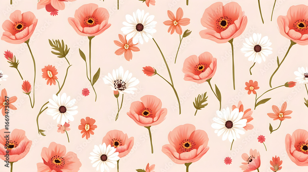 Fototapeta premium Floral Pattern with Poppy and Daisy Flowers on Light Peach Background
